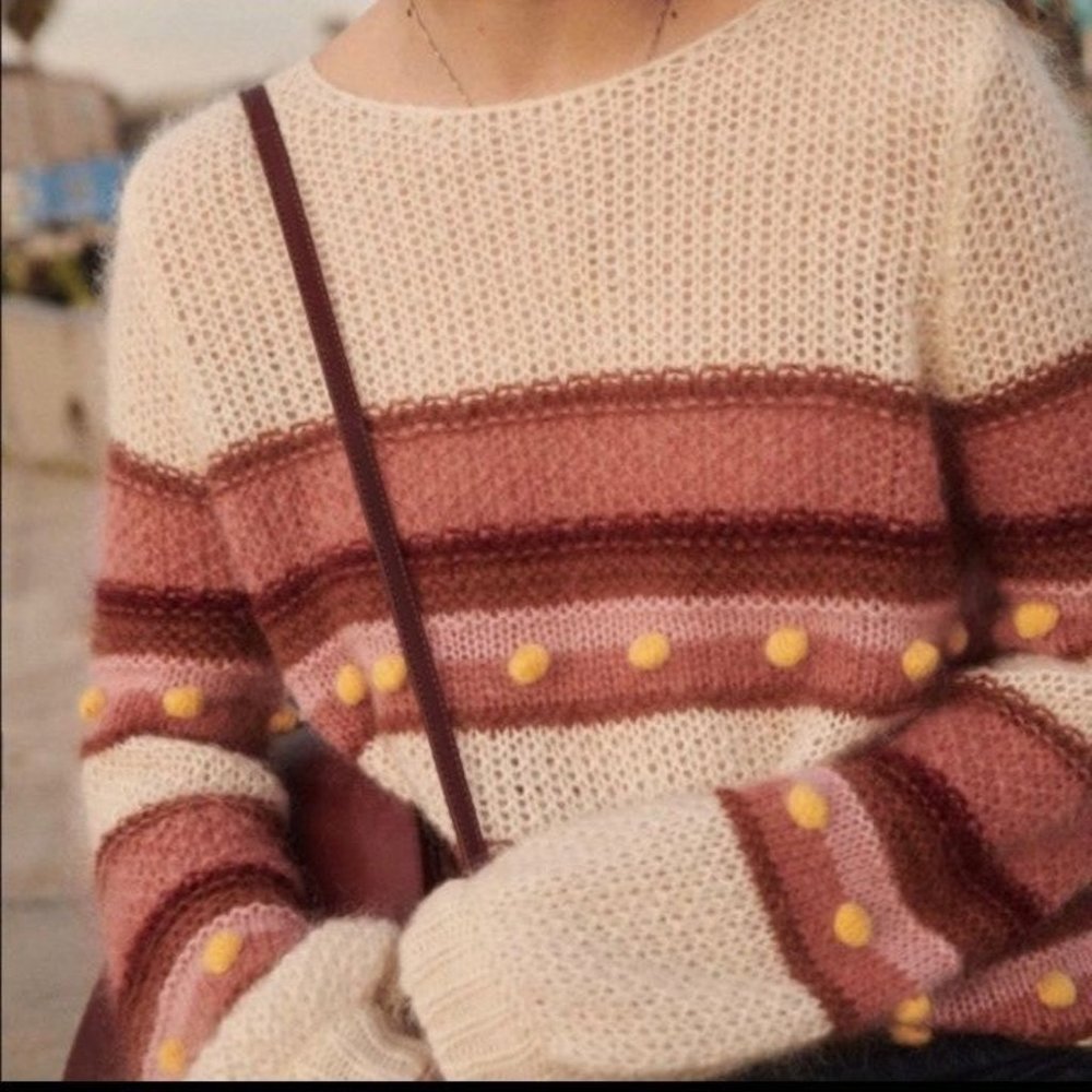Sezane Penelope Cream, Pink and Brown Striped Pom-Pom Sweater
